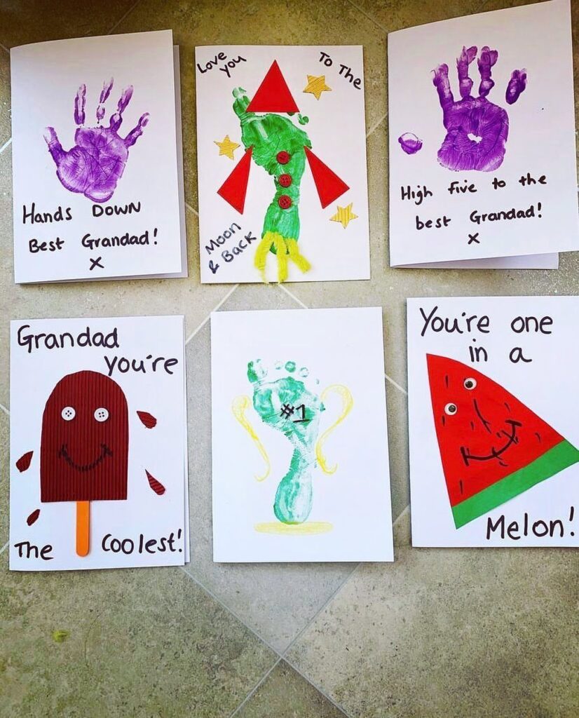 Six handmade cards for Grandad featuring colorful paint prints and cute drawings.