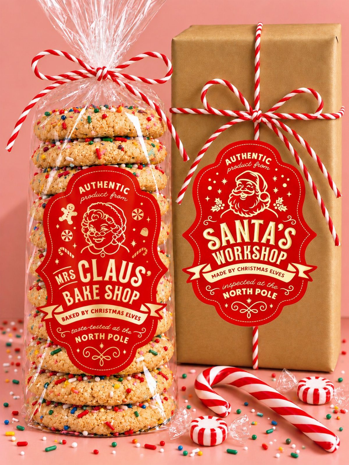 Sprinkle cookies in a tied bag and a wrapped gift with Christmas labels.
