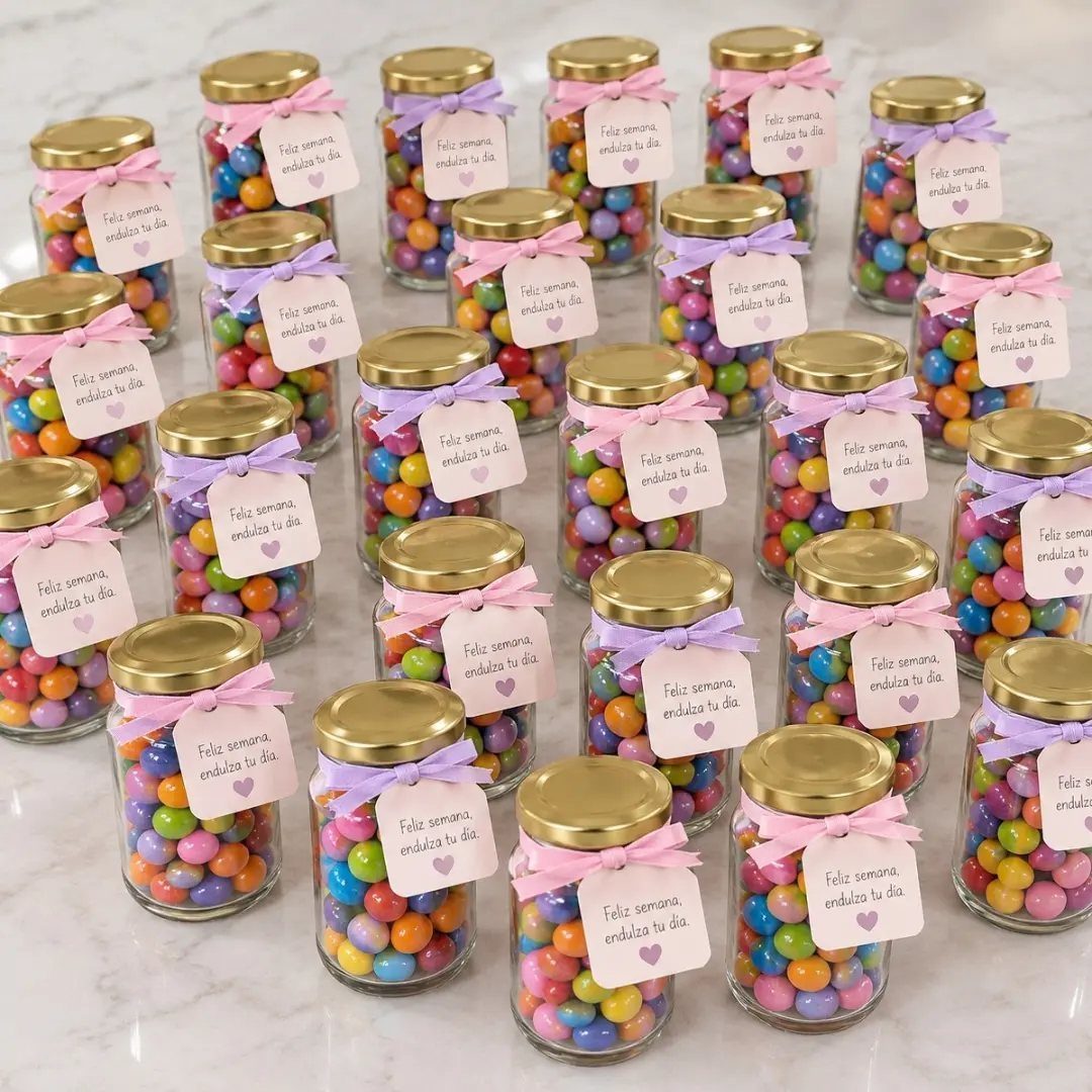 Small glass jars of colorful chocolates with pink ribbons and gift tags.