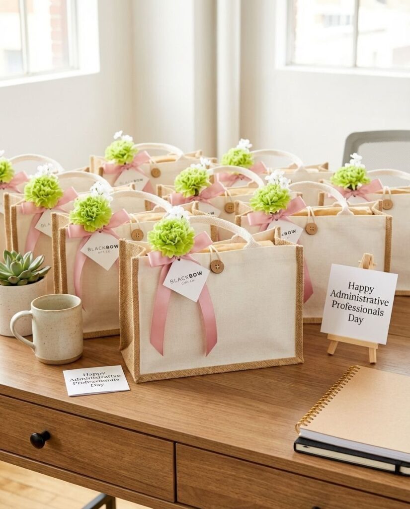 White canvas gift bags with pink ribbons and green flowers on a desk.