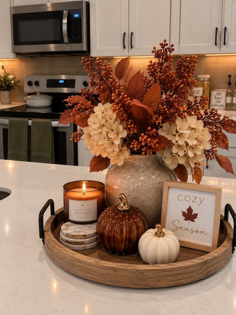 Two small ceramic pumpkins and a candle on a wooden autumn decor tray.
