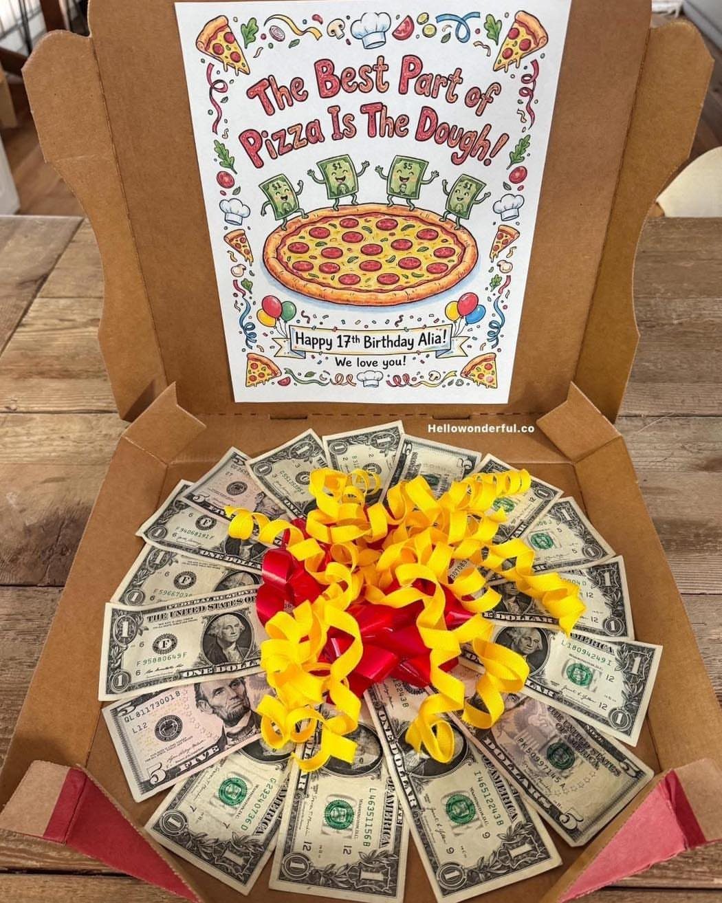 US dollar bills arranged like a pizza inside a cardboard pizza box