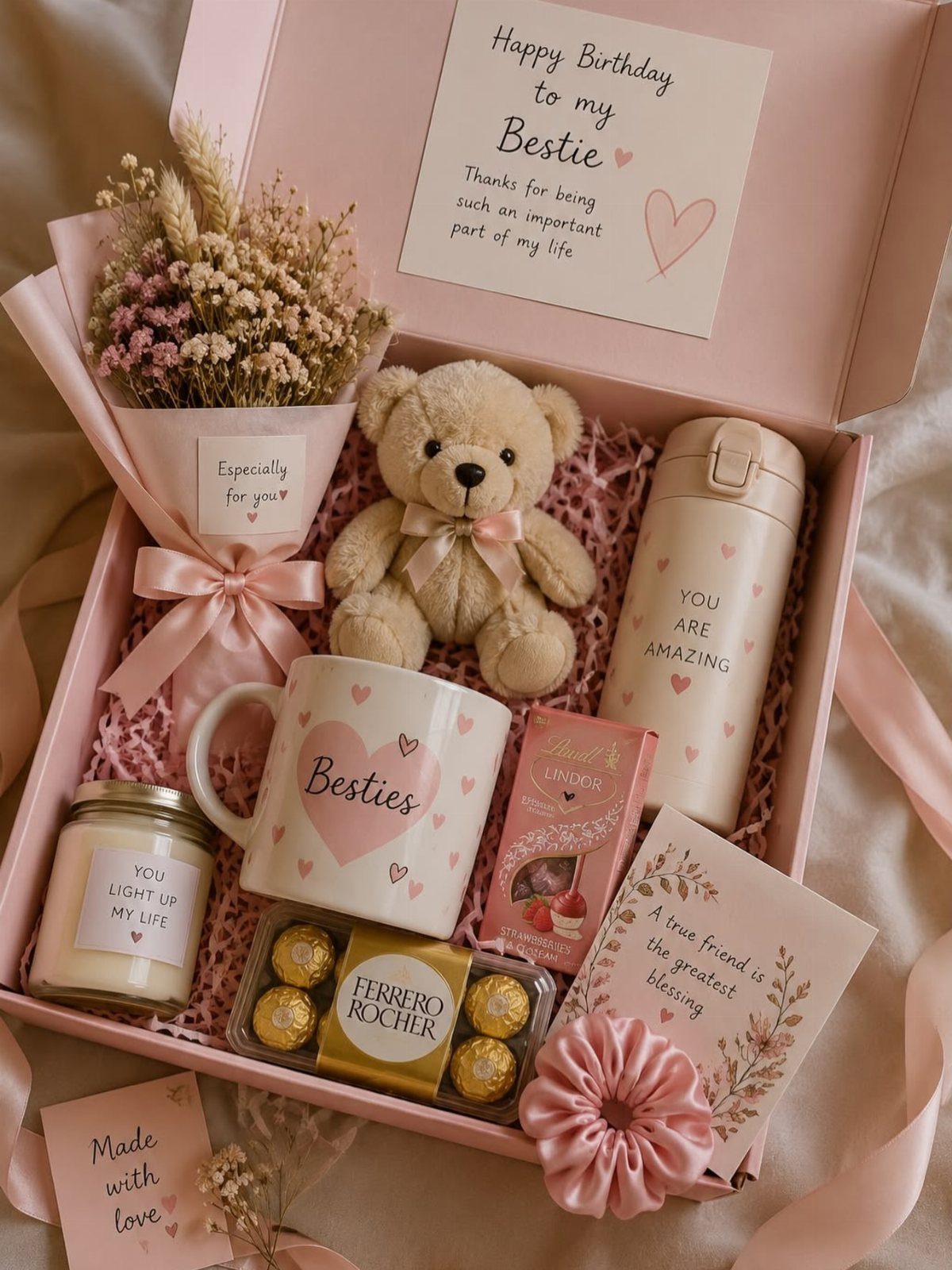 Pink gift box containing a teddy bear, besties mug, chocolates, and birthday card.