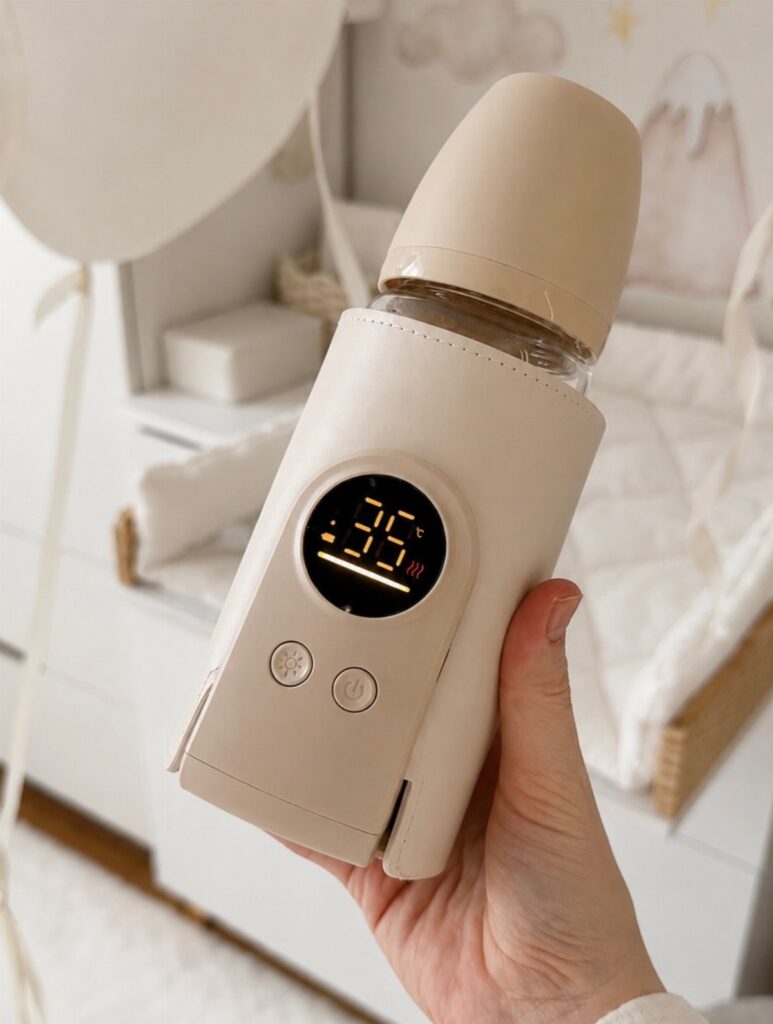 Beige portable baby bottle warmer with digital display held in a hand.