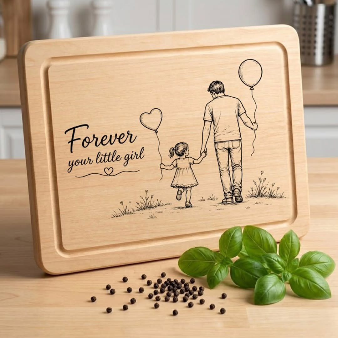 Engraved wooden cutting board showing a father and daughter walking with balloons.