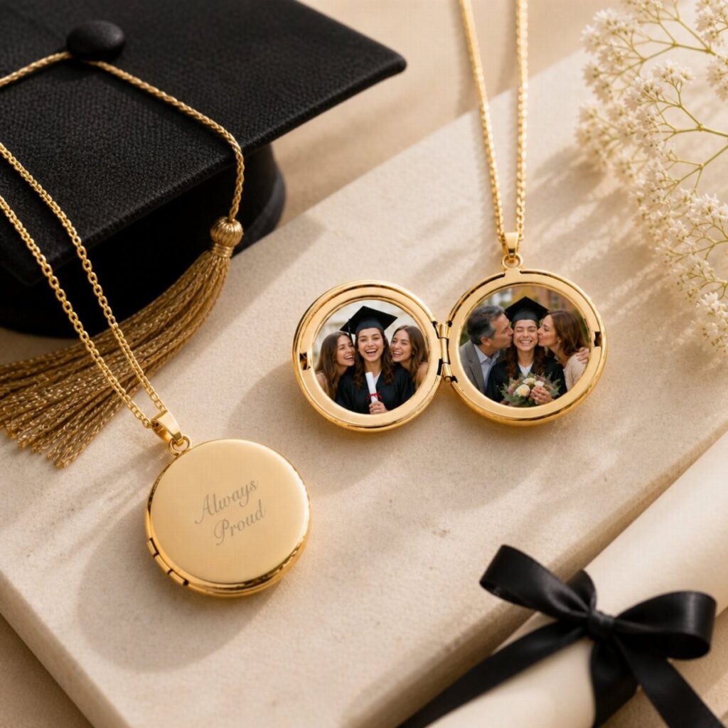 Gold locket necklaces with graduation photos and engraving next to a graduation cap.