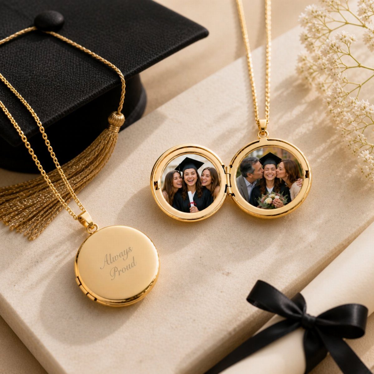 Gold locket necklaces with graduation photos and engraving next to a graduation cap.
