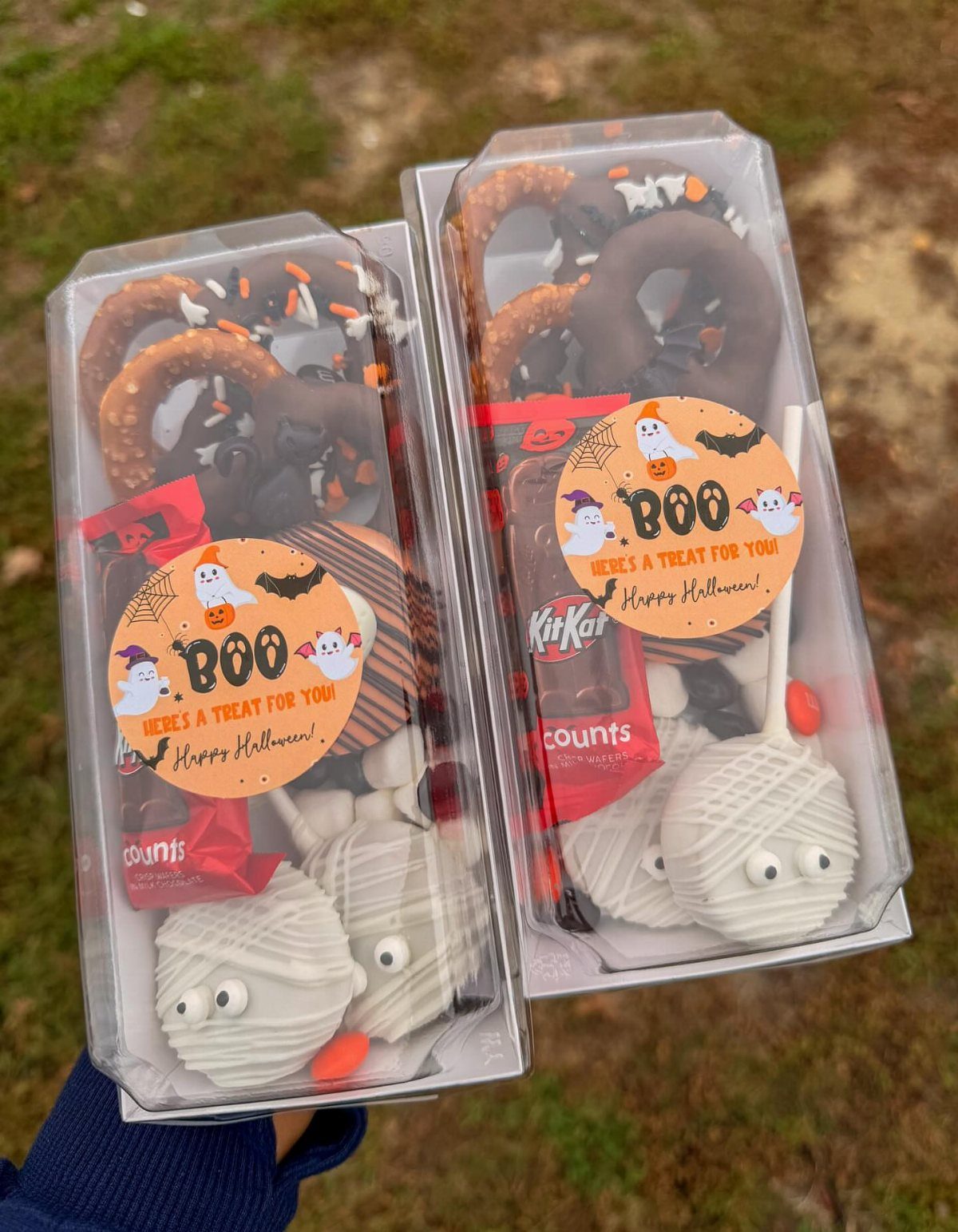 Halloween treat boxes with chocolate pretzels, cake pops, and BOO stickers.