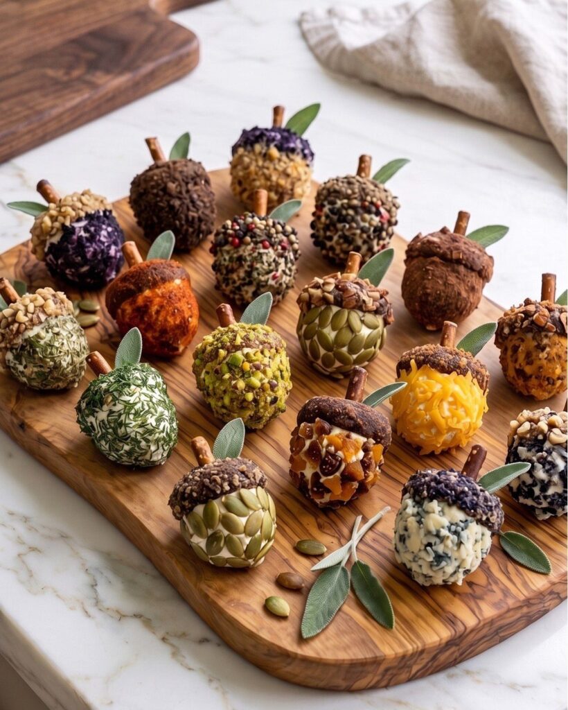 Acorn-shaped cheese balls coated in seeds and nuts on a wooden board