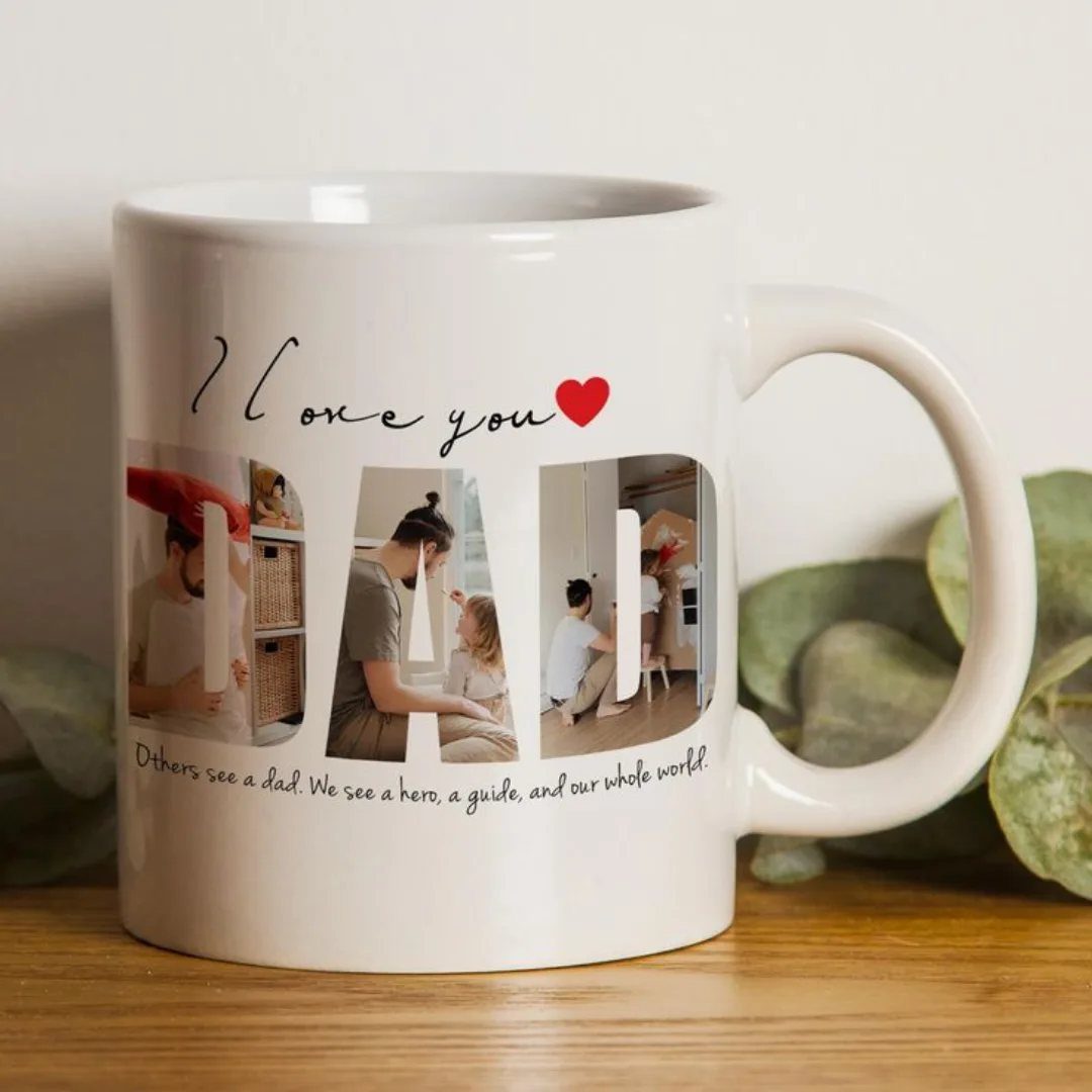 White ceramic mug with personalized photos of a father and child and text.