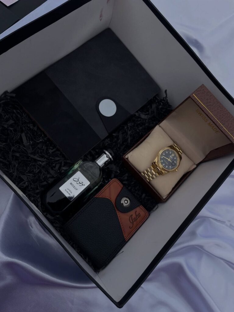 Luxury gift set for men featuring a gold watch, wallet, and cologne in a box.