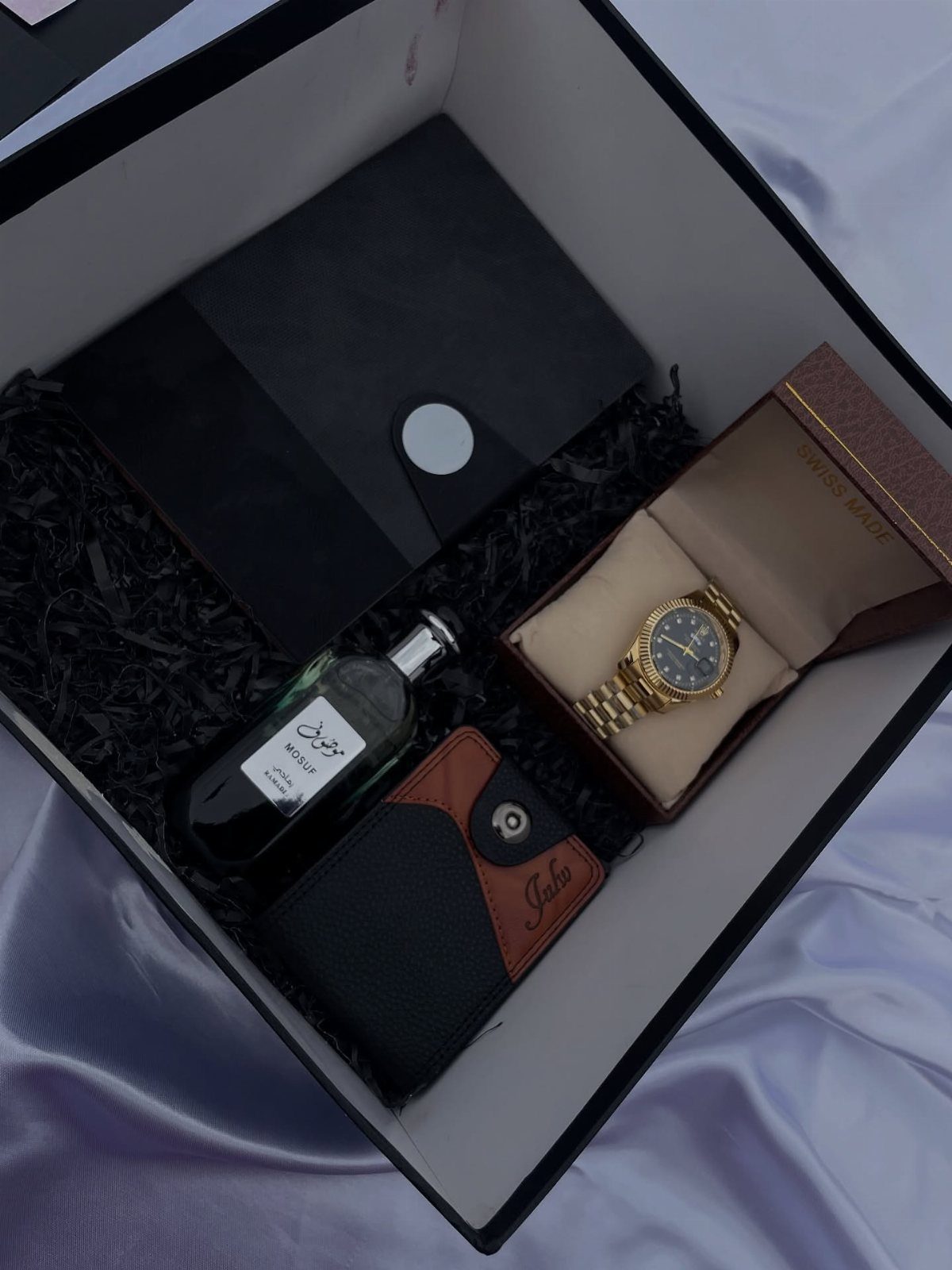 Luxury gift set for men featuring a gold watch, wallet, and cologne in a box.
