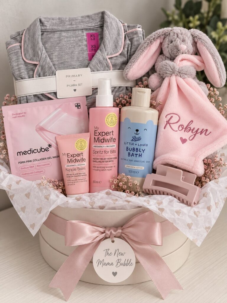 Gift basket with grey pajamas, pink bunny plush, and skincare for a new mother.