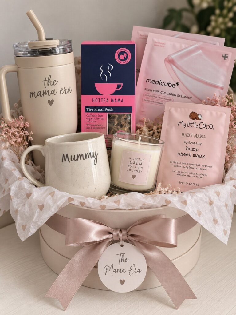 Gift basket for a mother with a tumbler, mug, candle, and face masks.