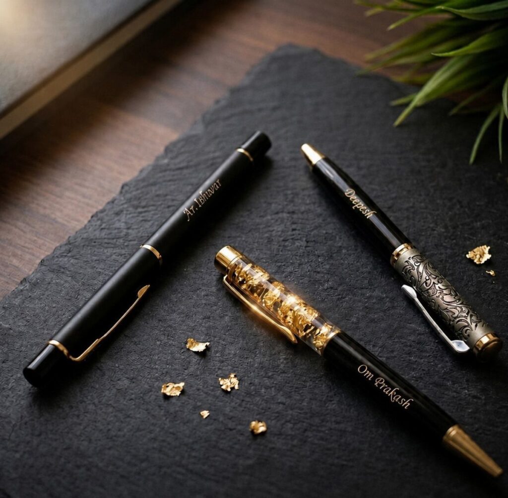 Three luxury black and gold engraved pens resting on a dark slate surface.