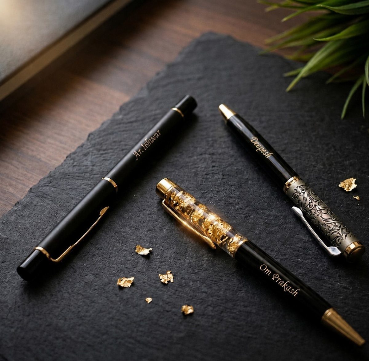 Three luxury black and gold engraved pens resting on a dark slate surface.