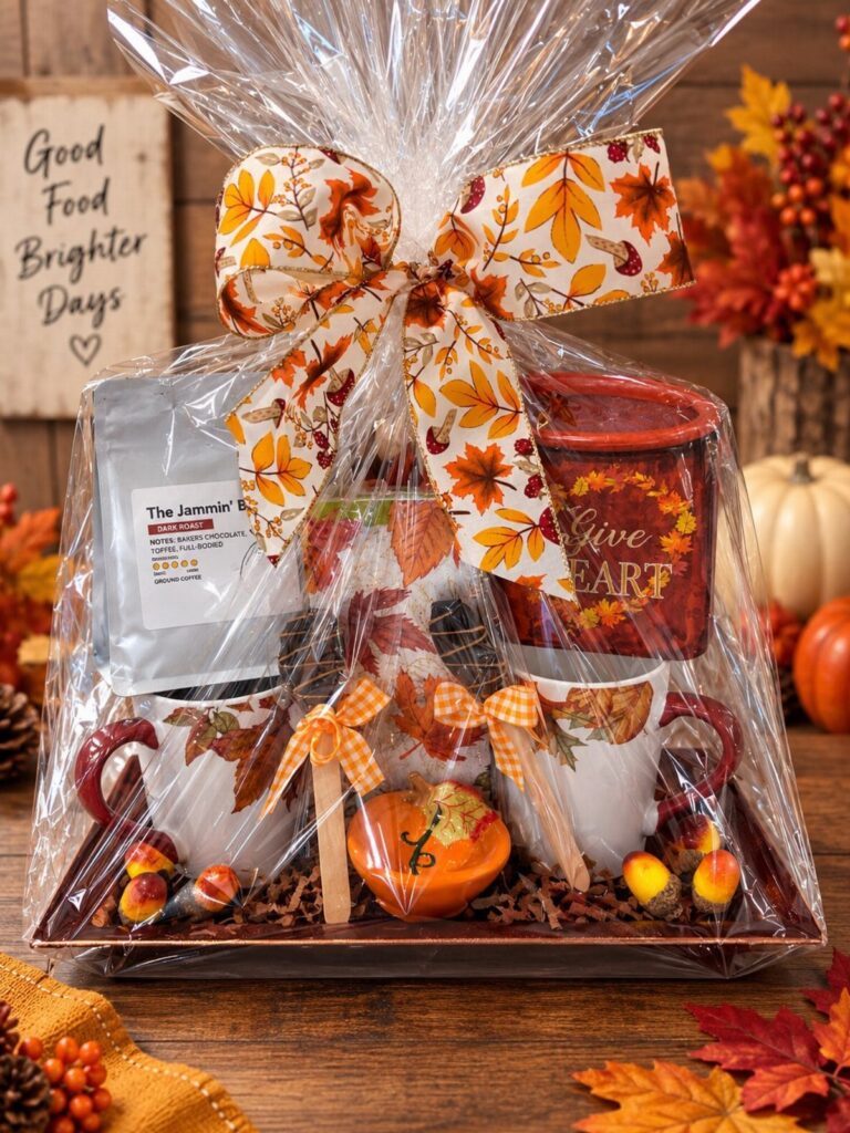 Autumn gift basket with mugs, treats, and a fall-leaf bow in cellophane wrap.
